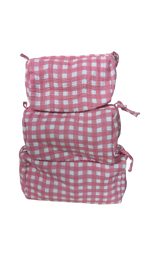 Light Pink gingham Cosmetic Bag- Set of 3